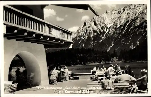 Ak Mittenwald in Oberbayern, Lautersee, Cafe Restaurant Seeheim mit Karwendel