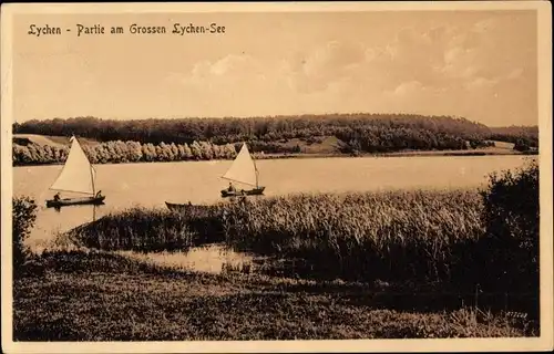 Ak Lychen in der Uckermark, Partie am großen Lychensee, Segelboot