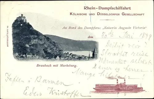 Ak Rhein Dampfschifffahrt, Dampfer Kaiserin Auguste Victoria, Braubach, Marksburg