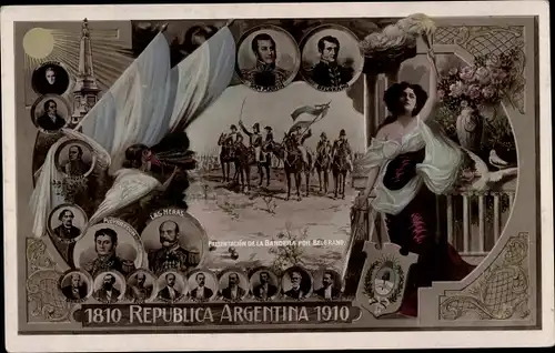Ak Argentinien, Republica Argentina 1810 1910, Presentacio de la Bandera por Belgrano
