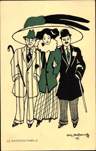 Künstler Ak Le Chapeau Famille, Frau mit breitkrempigen Hut, Männer