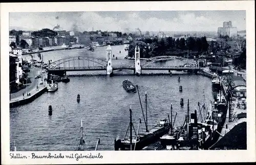 Ak Szczecin Stettin Pommern, Baumbrücke mit Getreidesilo, Lastkähne