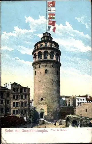 Ak Konstantinopel Istanbul Türkei, Tour de Galata, Drapeaux