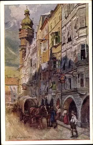 Künstler Ak Hofecker, Innsbruck, Herzog Friedrich Straße, Fuhrwerk, Planwagen