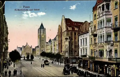 Ak Poznań Posen, St. Martinskirche und Schloss, Turmuhr