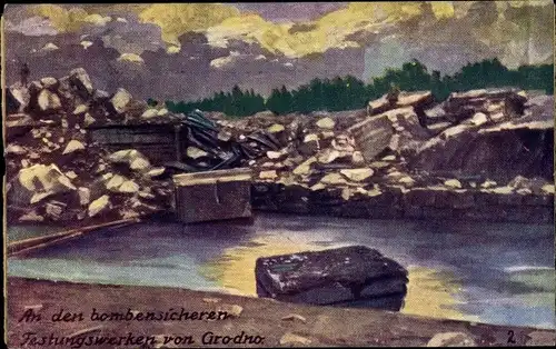 Künstler Ak Hrodna Grodno Weißrussland, An den bombensicheren Festungswerken