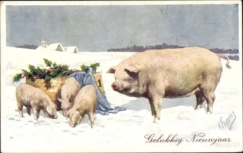 Künstler Ak Feiertag, Karl, Schweine im Schnee, Neujahrsgruss, BKWI 3101-4