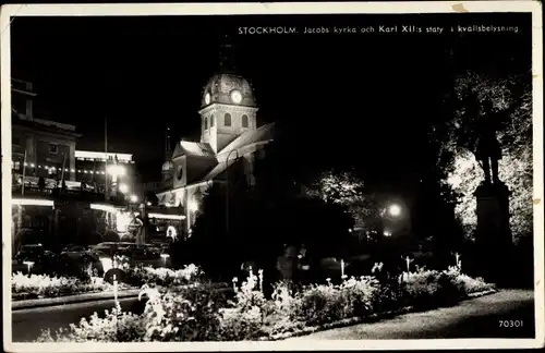 Ak Stockholm Schweden, Jacobs kyrka och Karl XII staty