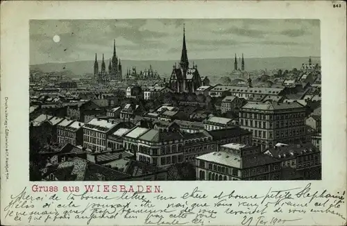 Mondschein Litho Wiesbaden in Hessen, Stadt bei Nacht