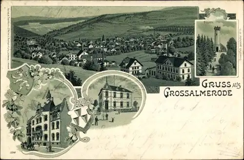 Litho Großalmerode in Hessen, Postamt, Rathaus, Bilstein, Blick auf den Ort