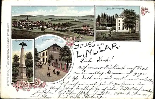Litho Lindlar Oberbergischer Kreis, Burg Heiligenhoven, Gasthof Spicher, Kriegerdenkmal
