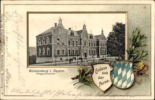 Präge Wappen Passepartout Ak Weißenburg am Sand Mittelfranken Bayern, Progymnasium