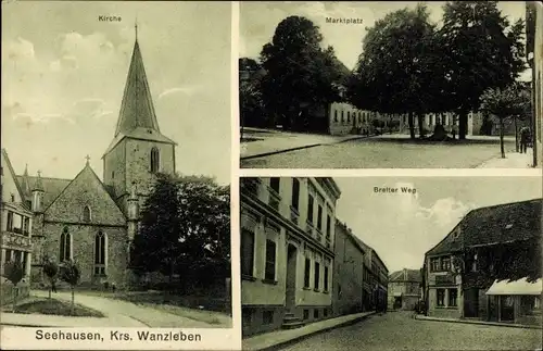 Ak Seehausen in der Altmark, Konfitüren und Friseurgeschäft, Breiter Weg, Kirche, Marktplatz