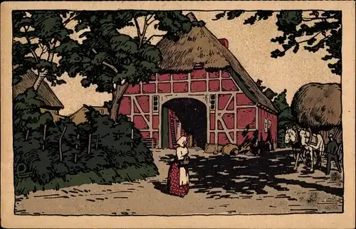Steindruck Ak Schleswig Holstein, Bauernhäuser, Scheune