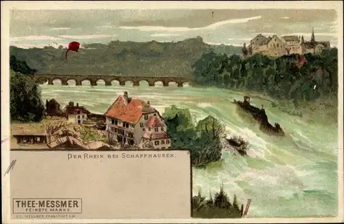 Künstler Litho Biese, Schaffhausen am Rhein Schweiz, Landschaft, Rheinfall, Reklame, Thee Messmer