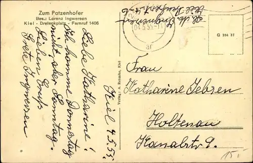 Ak Kiel in Schleswig Holstein, Gasthaus Zum Patzenhofer, Innenansicht, Dreieckplatz