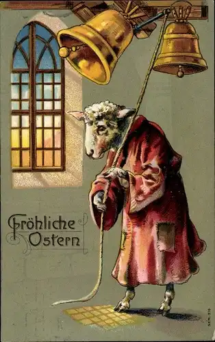 Präge Litho Glückwunsch Ostern, Vermenschlichtes Schaf als Glöckner, Glocken