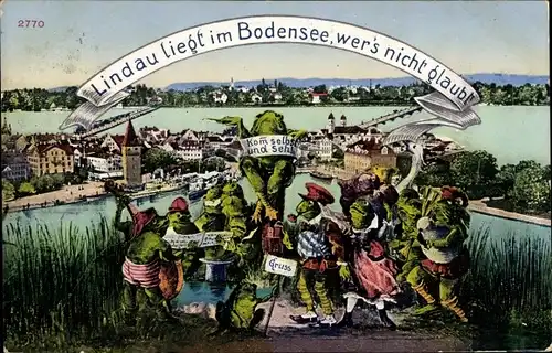 Ak Lindau am Bodensee Schwaben, Vermenschlichte Frösche, Blick auf die Stadt