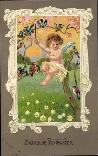 Passepartout Ak Glückwunsch Pfingsten, Engel auf einem Baum, Vögel