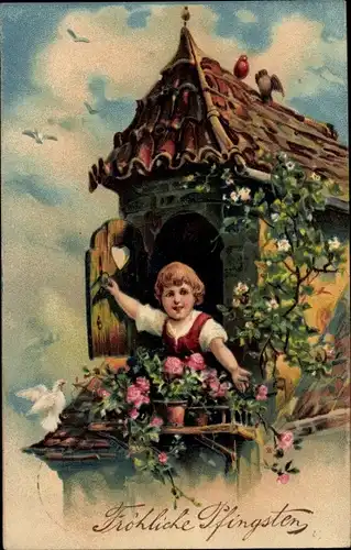 Präge Ak Glückwunsch Pfingsten, Mädchen am Fenster, Tauben