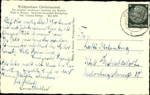 Ak Wernigerode, Waldgasthaus Cristianenthal, C. Richter