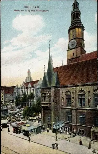 Ak Wrocław Breslau Schlesien, Markt am Ring mit Rathausturm