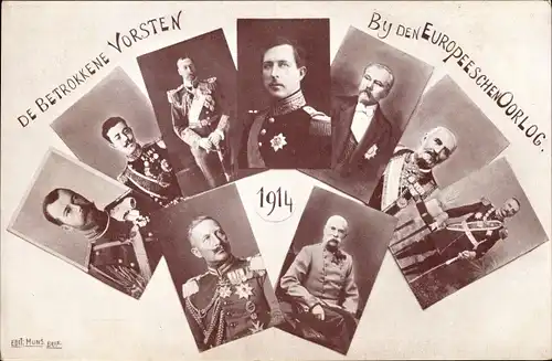 Ak De betrokkene Vorsten by den Europeeschen Oorlog 1914, Wilhelm II, Zar Nikolaus II., Franz Joseph