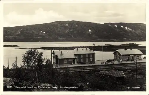 Ak Haugastol Norwegen, Bahnhof, Gleisseite, Hotel, Fjellstue, Hardangerveien