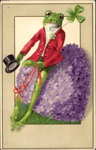 Präge Litho Vermenschlichter Frosch mit Zylinder, Kleeblatt, Veilchenherz