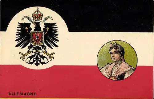 Wappen Ak Deutsche Kaiserreichsflagge, Preußischer Adler, Frau in Tracht