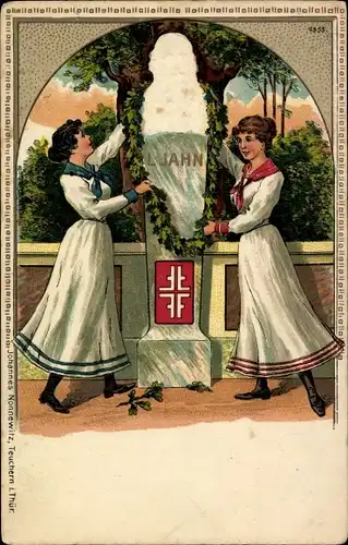 Präge Litho Frauen schmücken Jahns Denkmal, Turnerkreuz