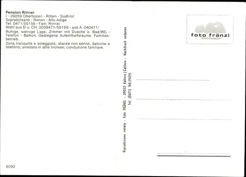 Ak Oberbozen Soprabolzano Renon Ritten Südtirol, Pension Rinner, Außenansicht