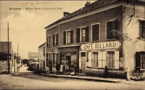 Ak Buchelay Yvelines, Maison David et Rue de la Folie, Cafe-Billard