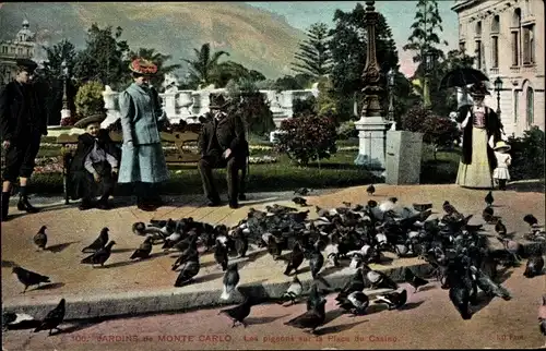 Ak Monte Carlo Monaco, Jardins, Les pigeons sur la Place du Casino, Passants