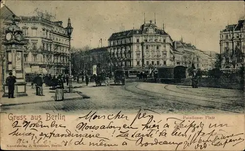 Ak Berlin Tiergarten, Potsdamer Platz, Straßenbahn, Kutsche