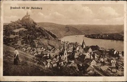 Ak Braubach am Rhein, Marksburg, Panorama, Kirchturm, Dame