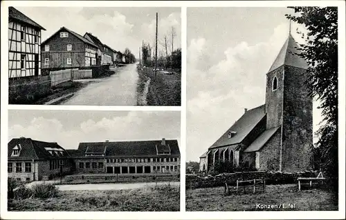 Ak Konzen Monschau Montjoie in der Eifel, Straßenansicht, Kirche, Gebäudeansicht