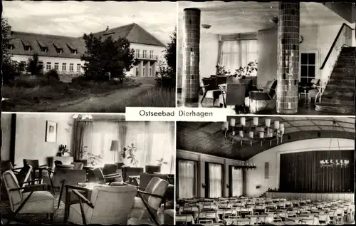 Ak Ostseebad Dierhagen, FDGB-Haus Ernst Moritz Arndt, Außenansicht, Saal, Gastraum, Halle