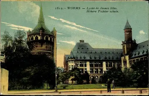 Ak Worms am Rhein, Höhere Töchterschule, Außenansicht mit Park, Turm