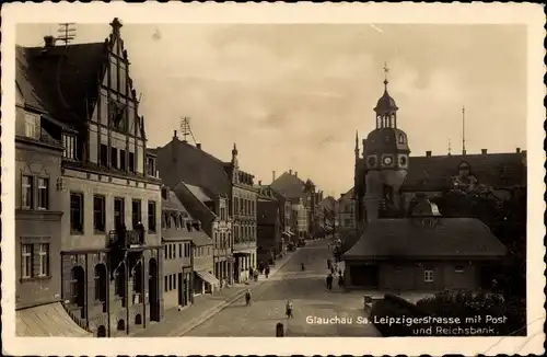 Ak Glauchau in Sachsen, Leipzigerstraße mit Post und Reichsbank