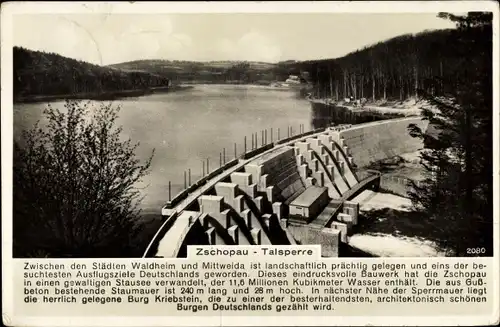 Ak Zschopau im Erzgebirge Sachsen, Talsperre bei Waldheim, Sperrmauer