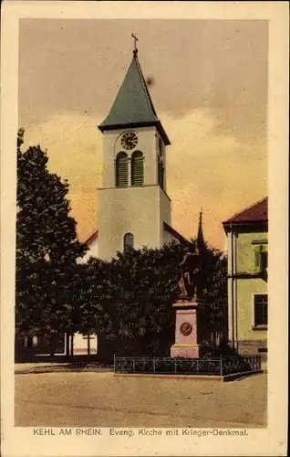 Ak Kehl am Rhein, Ev. Kirche, Kriegerdenkmal