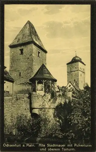 Ak Ochsenfurt am Main Unterfranken, Alte Stadtmauer mit Pulverturm und oberem Torturm
