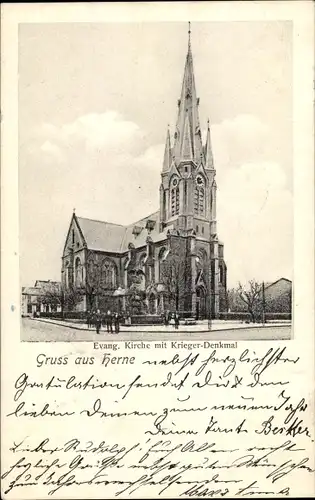 Ak Herne im Ruhrgebiet Westfalen, Evang. Kirche mit Krieger-Denkmal