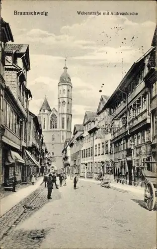 Ak Braunschweig in Niedersachsen, Weberstraße mit Andreaskirche, Passanten