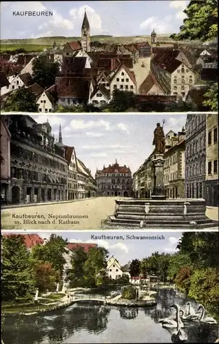 Ak Kaufbeuren am Wertach in Schwaben, Neptunbrunnen, Rathaus, Schwanenteich
