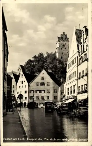 Ak Füssen im Ostallgäu, Hauptsstraße, Pfarrkirchturm, Hohes Schloss