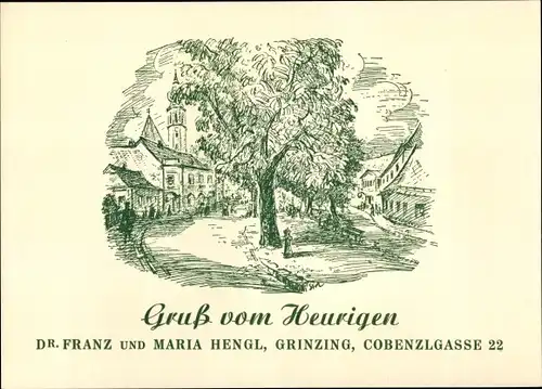 Ak Wien 19 Döbling Grinzing, Gruß vom Heurigen, Dr. Franz und Maria Hengl, Cobenzlgasse 22, Baum