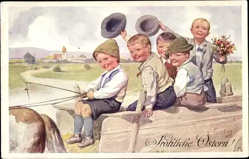 Künstler Ak Feiertag, Karl, Kinder auf einem Pferdekarren, Blumenstrauß, BKWI 4130-6