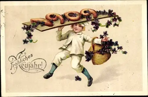 Präge Ak Glückwunsch Neujahr 1909, Kind mit Backwaren, Blumen